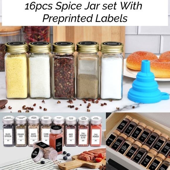 16pcs 4oz Spice Jars with 160 Preprinted Labels & Funnel Empty Glass Bottles - Picture 1 of 8